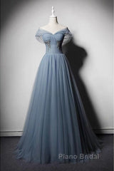 Grey-Blue Tulle Off Shoulder Beaded Long Formal Prom Dresses Party Dresses, Long Evening Gowns