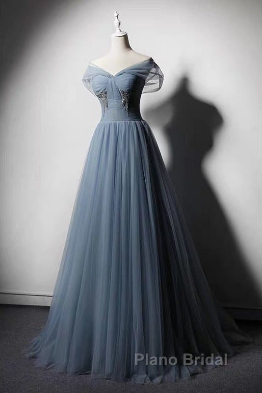 Grey-Blue Tulle Off Shoulder Beaded Long Formal Prom Dresses Party Dresses, Long Evening Gowns