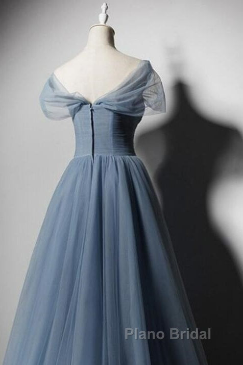 Grey-Blue Tulle Off Shoulder Beaded Long Formal Prom Dresses Party Dresses, Long Evening Gowns