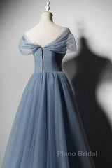 Grey-Blue Tulle Off Shoulder Beaded Long Formal Prom Dresses Party Dresses, Long Evening Gowns
