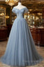 Grey-Blue Tulle Off Shoulder Beaded Long Formal Prom Dresses Party Dresses, Long Evening Gowns