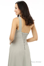 Grey One Shoulder Chiffon Pleats Beading Bridesmaid Dresses LG0254