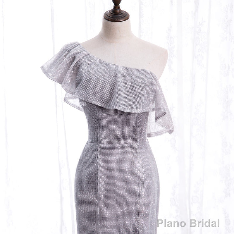 Grey One Shoulder Lace-up Shiny Long Prom Dress Party Dress, Grey Long Evening Dresses