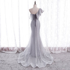Grey One Shoulder Lace-up Shiny Long Prom Dress Party Dress, Grey Long Evening Dresses