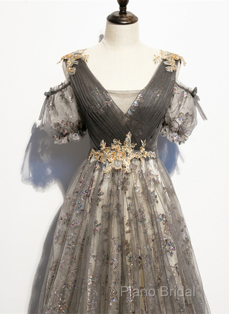 Grey Purple V-Neckline Tulle With Lace Formal Prom Dresses, Off Shoulder A-Line Party Dresses