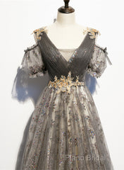 Grey Purple V-Neckline Tulle With Lace Formal Prom Dresses, Off Shoulder A-Line Party Dresses