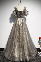 Grey Purple V-Neckline Tulle With Lace Formal Prom Dresses, Off Shoulder A-Line Party Dresses