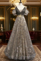 Grey Purple V-Neckline Tulle With Lace Formal Prom Dresses, Off Shoulder A-Line Party Dresses