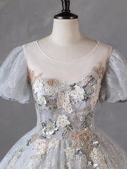 Grey Short Sleeves Tulle Ball Gown Formal Prom Dresses, Grey Ball Gown Sweet 16 Dresses