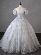 Grey Short Sleeves Tulle Ball Gown Formal Prom Dresses, Grey Ball Gown Sweet 16 Dresses