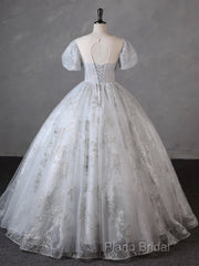 Grey Short Sleeves Tulle Ball Gown Formal Prom Dresses, Grey Ball Gown Sweet 16 Dresses
