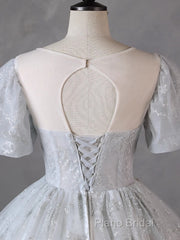 Grey Short Sleeves Tulle Ball Gown Formal Prom Dresses, Grey Ball Gown Sweet 16 Dresses