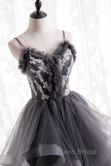 Grey Tulle Sweetheart Long Party Dresses With Lace Applique, Grey Long Formal Prom Dresses