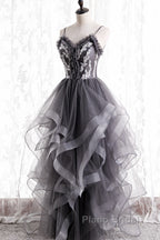 Grey Tulle Sweetheart Long Party Dresses With Lace Applique, Grey Long Formal Prom Dresses
