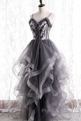 Grey Tulle Sweetheart Long Party Dresses With Lace Applique, Grey Long Formal Prom Dresses