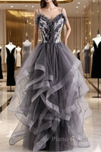Grey Tulle Sweetheart Long Party Dresses With Lace Applique, Grey Long Formal Prom Dresses