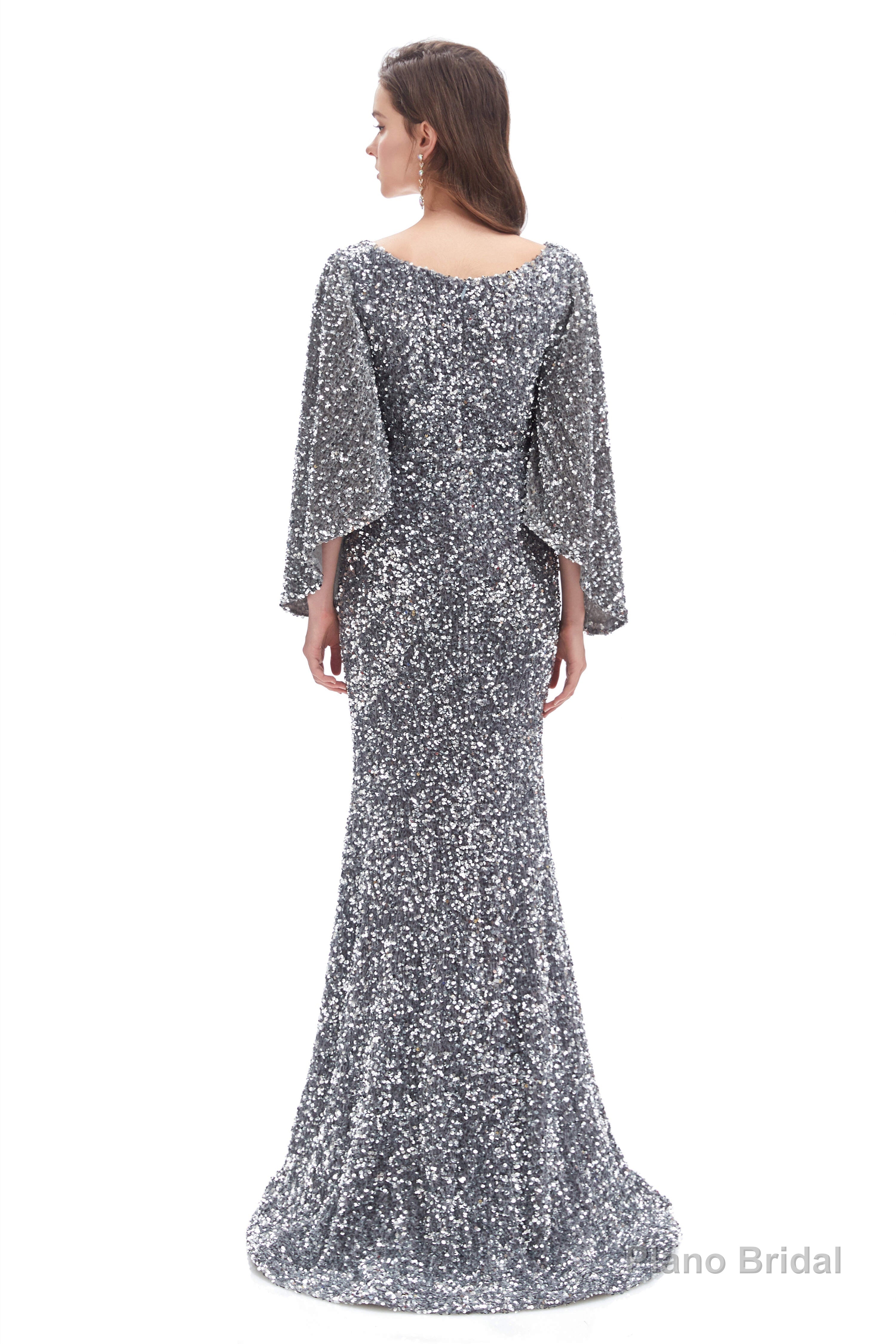 V-Neck Sequins Mermaid Prom Dresses with Sleeves