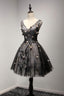 V Neck Short Black Lace Homecoming Prom Dresses, Short Party Prom Dresses