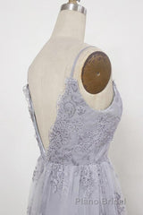 Spaghetti Straps Long Lace Formal Prom Gown, A Line V Neck Sleeveless Prom Dresses