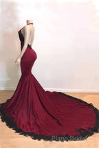 Burgundy Halter Deep V Neck Mermaid Formal Prom Dresses with Lace, Long Evening Gown