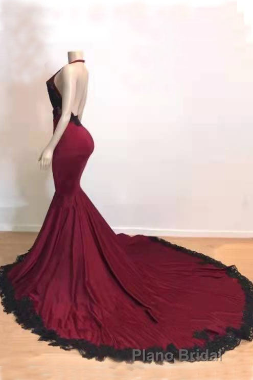 Burgundy Halter Deep V Neck Mermaid Formal Prom Dresses with Lace, Long Evening Gown