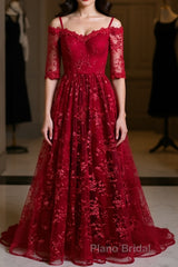 Half Sleeves Burgundy Lace Formal Prom Dresses, Wine Red Half Sleeves Long Lace Formal Evening Dresses
