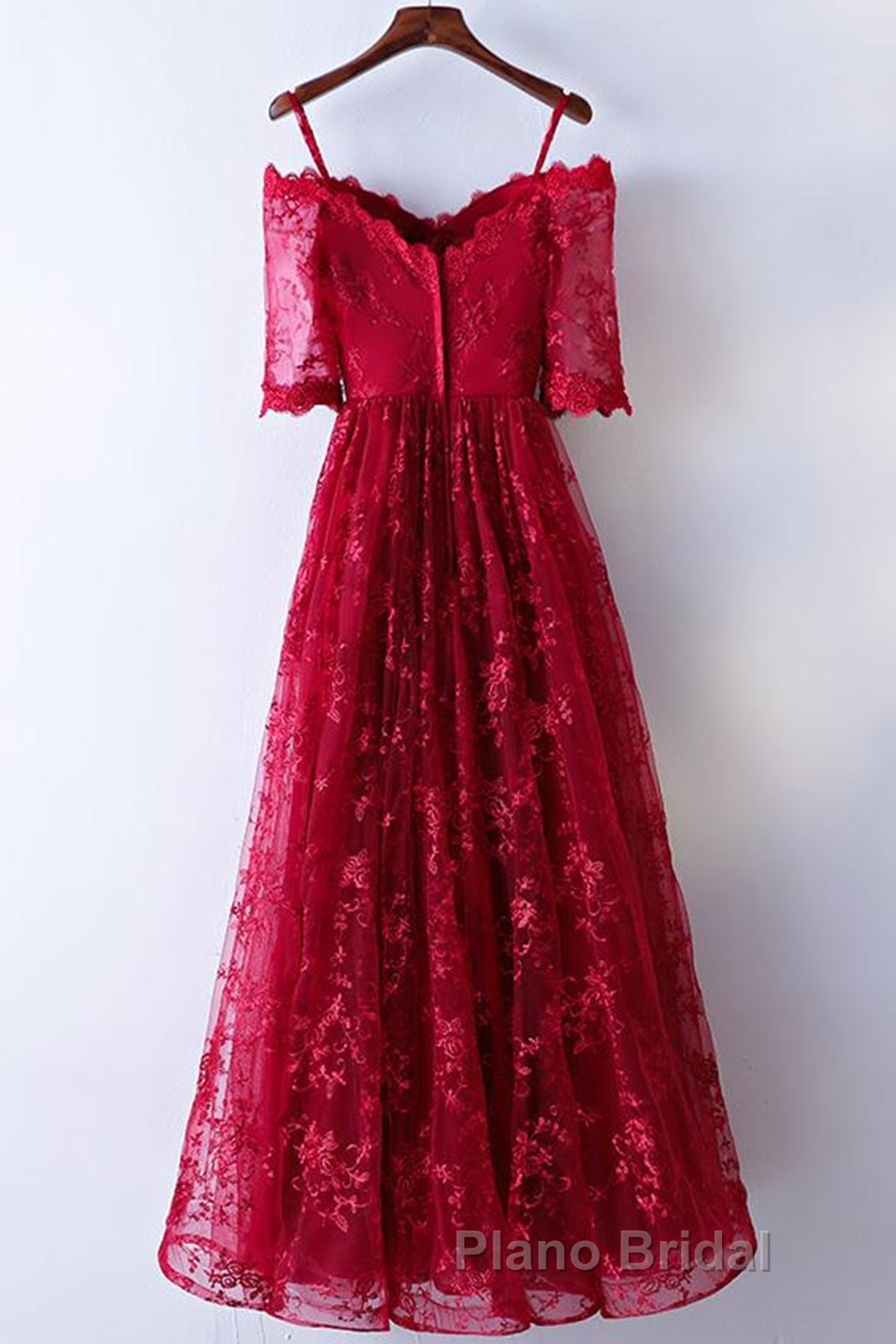 Half Sleeves Burgundy Lace Formal Prom Dresses, Wine Red Half Sleeves Long Lace Formal Evening Dresses Secondary image
