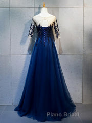Half Sleeves Navy Blue Long Lace Formal Prom Dresses, Dark Navy Blue Long Lace Formal Bridesmaid Dresses