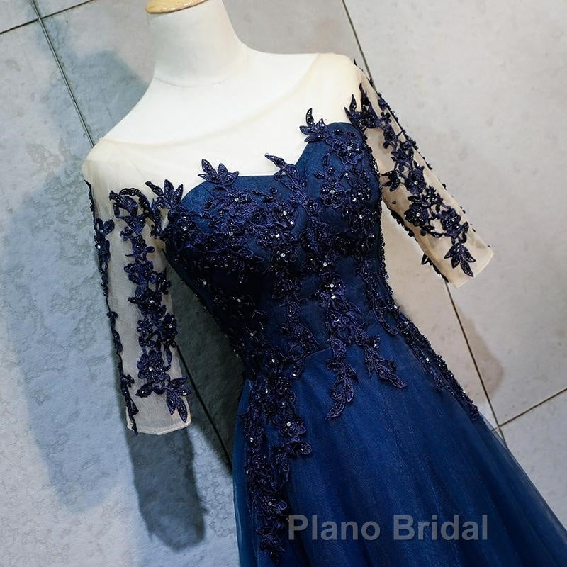 Half Sleeves Navy Blue Long Lace Formal Prom Dresses, Dark Navy Blue Long Lace Formal Bridesmaid Dresses
