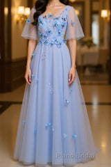 Half Sleeves Round Neck Blue Floral Long Formal Prom Dresses, Blue Long Formal Evening Dresses with Flower