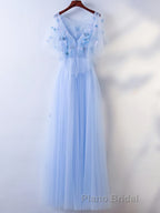 Half Sleeves Round Neck Blue Floral Long Formal Prom Dresses, Blue Long Formal Evening Dresses with Flower