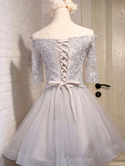 Half Sleeves Short Lace Formal Prom Dresses, Short Lace Homecoming Bridesmaid Dresses