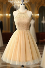 Halter Lace Champagne Homecoming Dresses