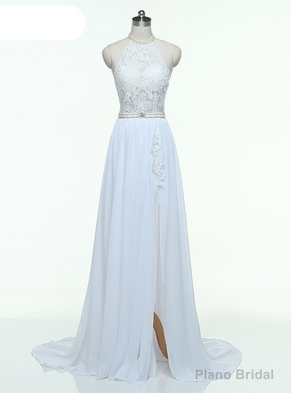 Halter Lace Top Sexy Backless Beach Cheap Beading Waist Split Evening Gown Long Dresses