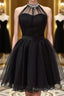 Halter Neck Backless Black Short Formal Prom Dress, Open Back Black Homecoming Dress