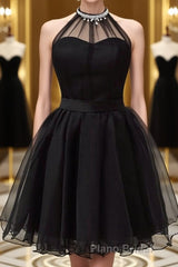 Halter Neck Backless Black Short Formal Prom Dress, Open Back Black Homecoming Dress