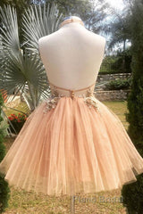 Halter Neck Backless Champagne 3D Floral Short Formal Prom Dress, Backless Champagne Formal Graduation Homecoming Dress