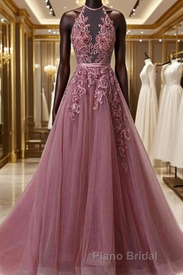 Halter Neck Backless Lace Formal Prom Dresses, Open Back Halter Neck Lace Formal Evening Dresses