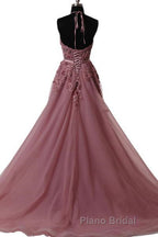 Halter Neck Backless Lace Formal Prom Dresses, Open Back Halter Neck Lace Formal Evening Dresses