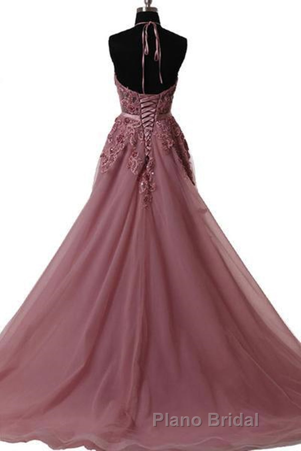 Halter Neck Backless Lace Formal Prom Dresses, Open Back Halter Neck Lace Formal Evening Dresses