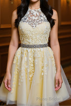 Halter Neck Backless Short Yellow Lace Formal Prom Dress, Yellow Lace Formal Graduation Homecoming Dress