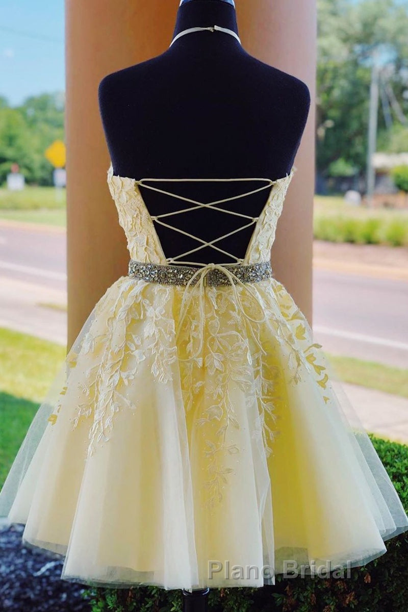 Halter Neck Backless Short Yellow Lace Formal Prom Dress, Yellow Lace Formal Graduation Homecoming Dress