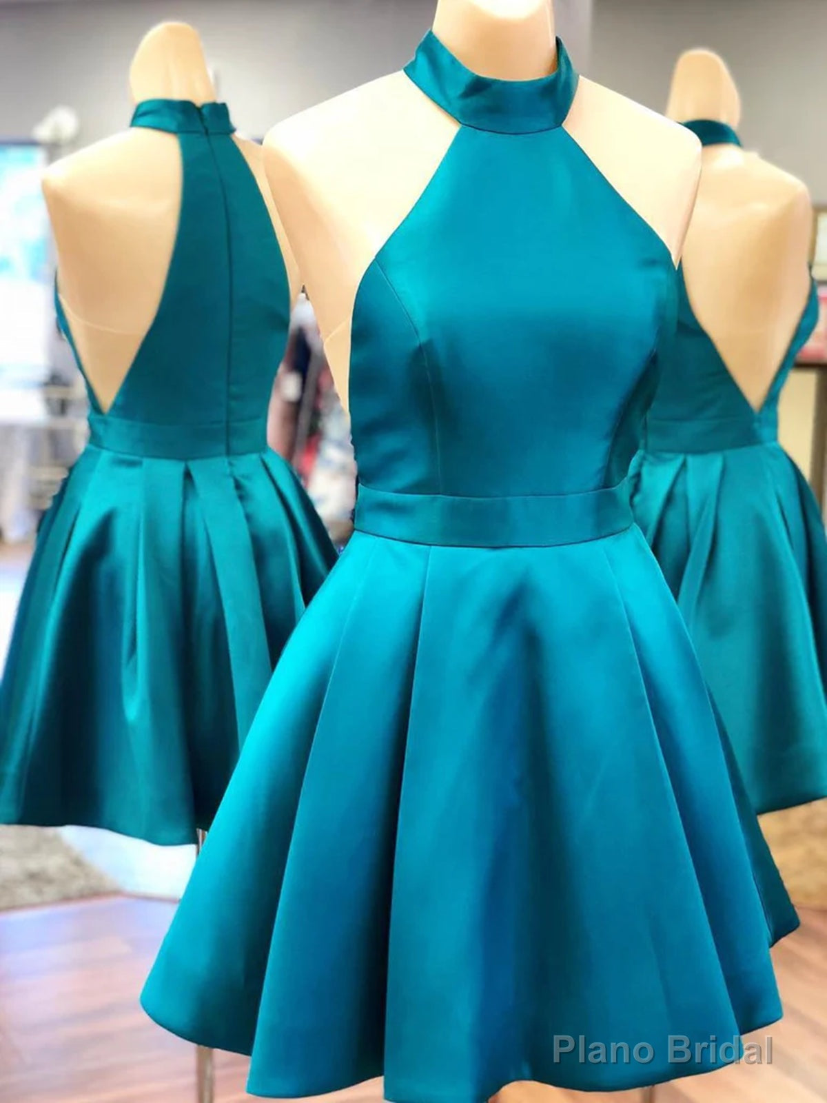 Halter Neck Blue Satin Short Prom Dresses, Halter Neck Short Graduation Homecoming Dresses Main image