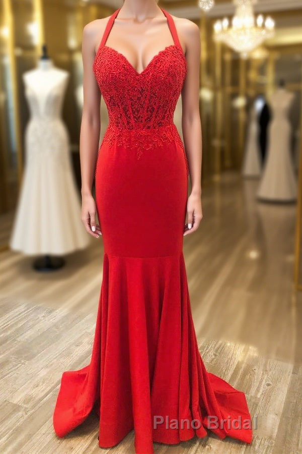 Halter Neck Mermaid Backless Red Lace Long Formal Prom Dresses, Mermaid Red Formal Dresses, Red Lace Evening Dresses Main image