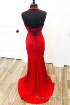 Halter Neck Mermaid Backless Red Lace Long Formal Prom Dresses, Mermaid Red Formal Dresses, Red Lace Evening Dresses