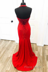 Halter Neck Mermaid Backless Red Lace Long Formal Prom Dresses, Mermaid Red Formal Dresses, Red Lace Evening Dresses