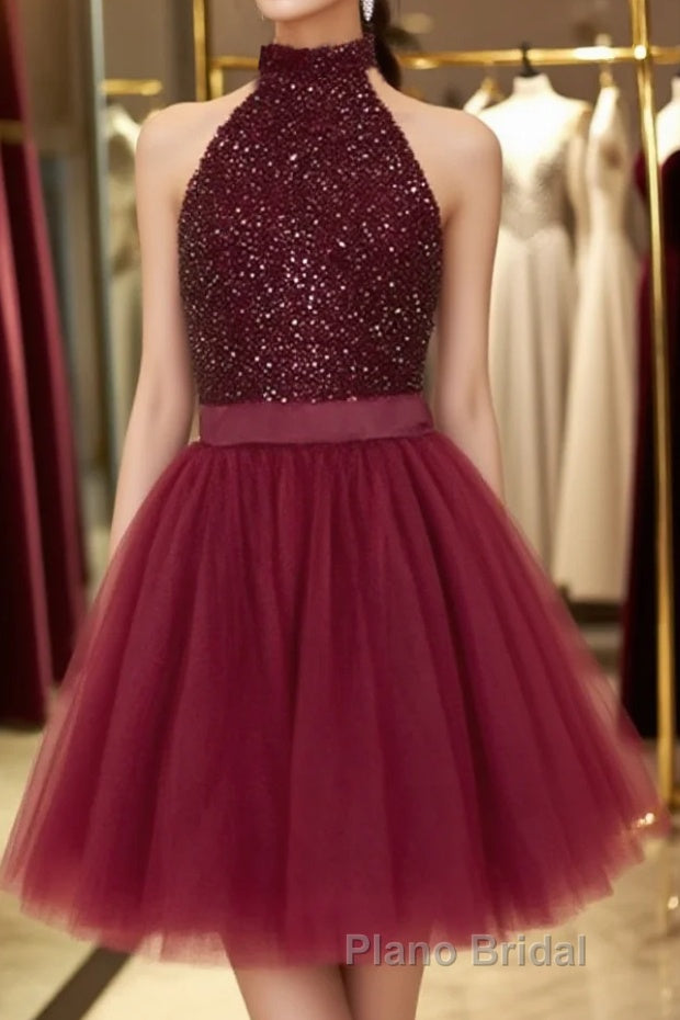 Halter Neck Open Back Beaded Burgundy Formal Prom Dress, Backless Burgundy Homecoming Dress, Short Burgundy Formal Evening Dress