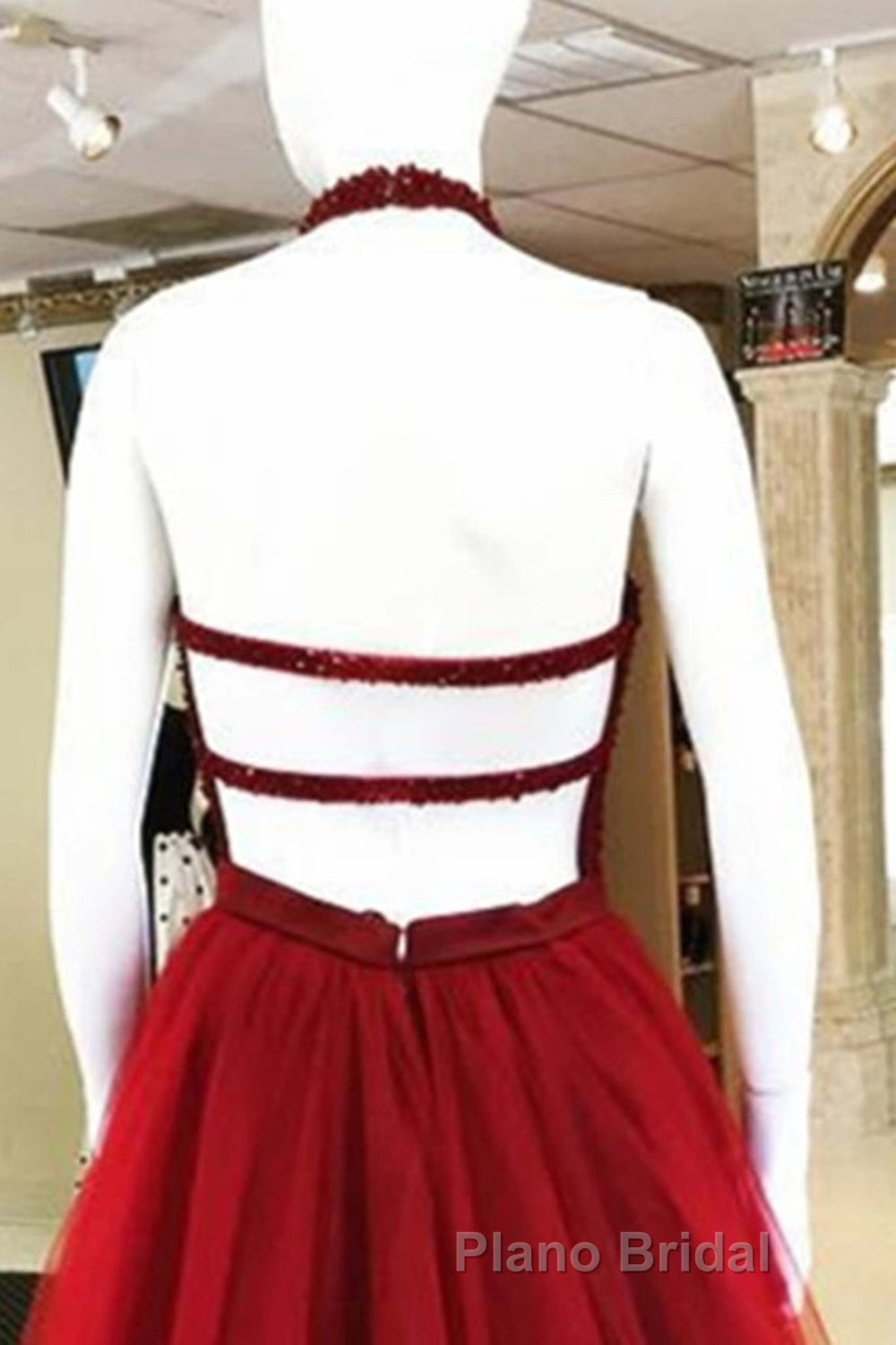 Halter Neck Open Back Beaded Burgundy Formal Prom Dress, Backless Burgundy Homecoming Dress, Short Burgundy Formal Evening Dress Secondary image
