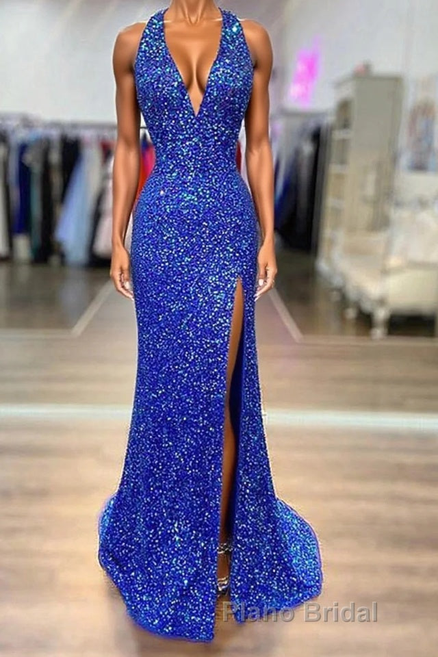 Halter Neck Royal Blue Long Formal Prom Dresses, Shiny Royal Blue Long Formal Evening Dresses