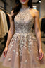 Halter Neck Short Champagne Lace Formal Prom Dress, Champagne Lace Formal Graduation Homecoming Dress